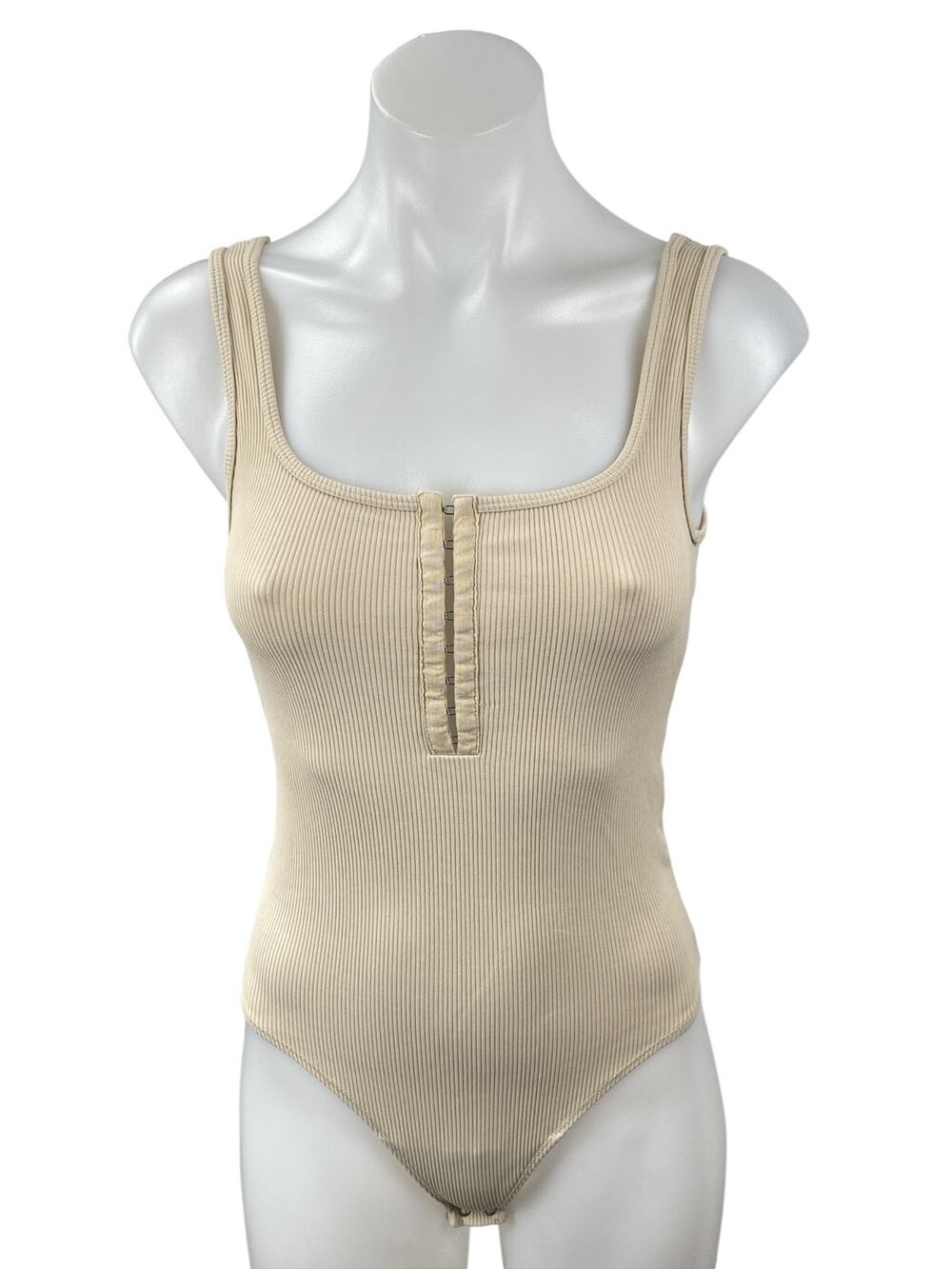 NEW Abercrombie & Fitch Cream Sleeveless Zip Knit Thong Tank Bodysuit Top Size S